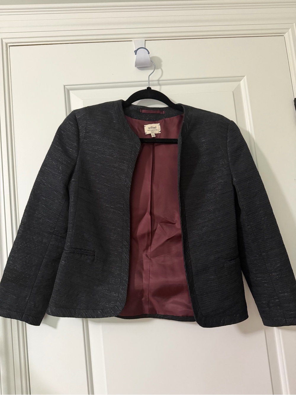 Wilfred Black Textured Collarless Blazer with Burgundy Lining
